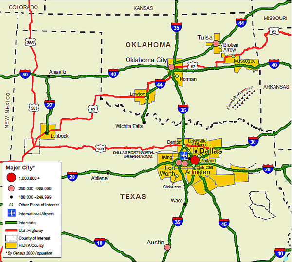 Map showing the North Texas High Intensity Drug Trafficking Area transportation infrastructure.