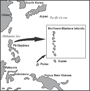 Map showing the movement of marijuana from the Philippines and the island of Palau to the Northern Mariana Islands.