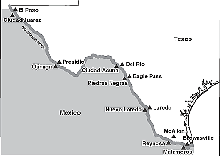 Map showing locations of "sister cities" in Texas and Mexico.