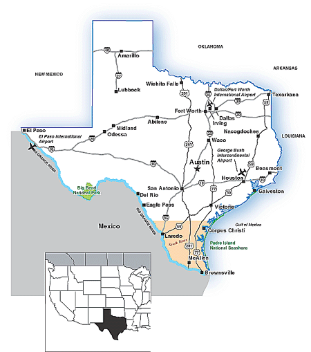 Map of  Texas showing major transportation routes.