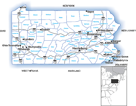 Map of Pennsylvania showing major transportation routes.
