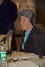 The Honorable Diane M. Stuart, Director, Office on Violence Against Women (OVW) discusses domestic violence with hosts at Talk Radio Row in New York City.