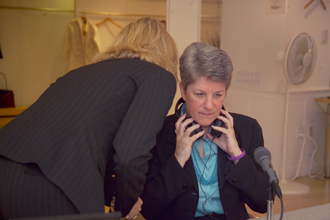 The Honorable Diane M. Stuart, Director, Office on Violence Against Women (OVW) discusses domestic violence with hosts at Talk Radio Row in New York City.
