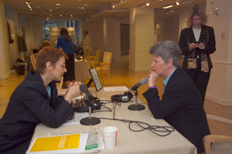 The Honorable Diane M. Stuart, Director, Office on Violence Against Women (OVW) discusses domestic violence with hosts at Talk Radio Row in New York City.