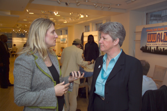 The Honorable Diane M. Stuart, Director, Office on Violence Against Women (OVW) discusses domestic violence with hosts at Talk Radio Row in New York City.