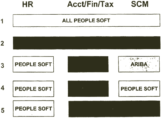Graph chart of software options for hr, accounting/finance/tax, and scm