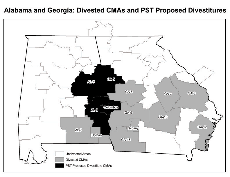 Alabama and Georgia: Divested CMAs and PST Proposed Divestitures Map