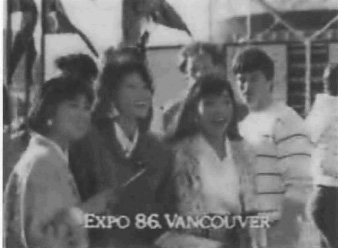 Exhibit M:  Tourists with the caption 'Expo 86. Vancouver'