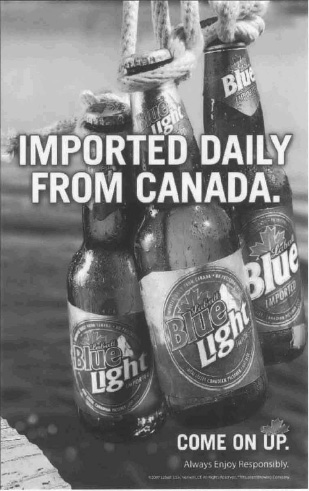 Exhibit B: Image of Labatt Light and Blue beer bottles hanging from a rope with the caption 'Imported Daily From Canada.  Come on Up.  Always Enjoy Responsibly.'