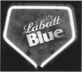 Exhibit B: Neon sign that reads 'Imported Labatt Blue'