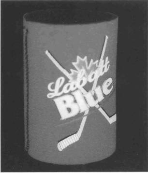 Exhibit D: Labatt Blue bottle cozy with hockey sticks imprinted.