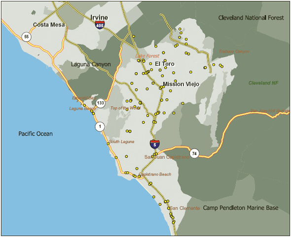 Map of South Orange County and Gasoline Stations