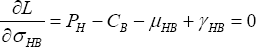 \quad \frac{{\partial L}}{{\partial \sigma _{HB} }} = P_H  - C_B  - \mu _{HB}  + \gamma _{HB}  = 0