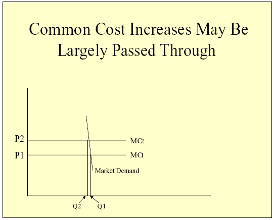 Graph illustrating a highly inelastic demand environment in which input customers pass through all of a price increase to their customers