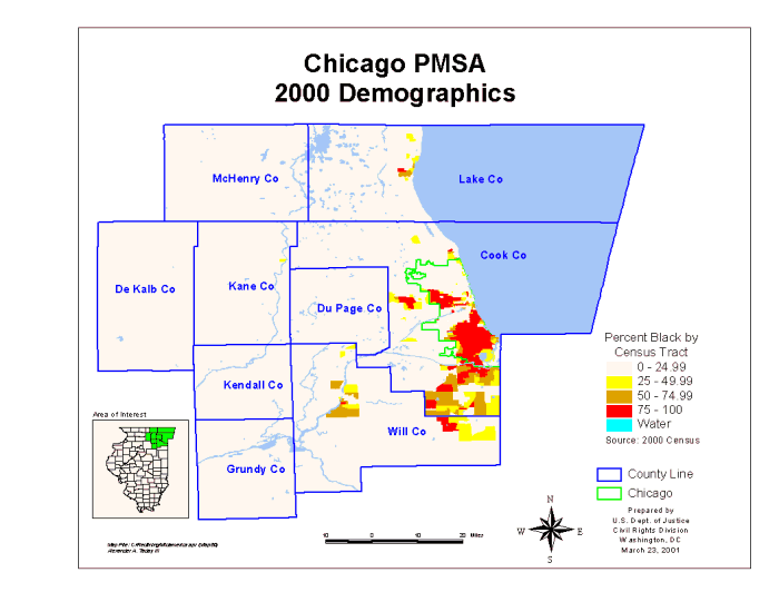 Exhibit 1: Chicago PMSA 2000 Demographics - Percent Black by Census Tract (0 - <25%; 25% - <50%; 50% - <75%; 75% - <100%)