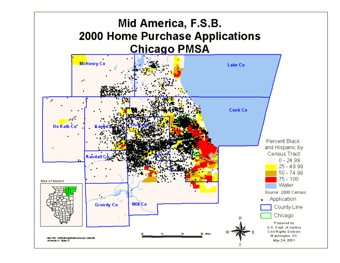 Exhibit 7: Year 2000 Home Purchase Loan Orginations by Mid America, Chicago PMSA; each dot represents 1 loan origination; background is percent black and Hispanic by census tract (0 - <25%; 25% - <50%; 50% - 75%; 75% - <100%)