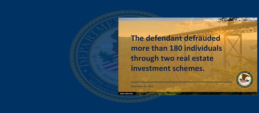 Graphic with New River Gorge Bridge in the background, stating "The defendant defrauded more than 180 individuals through two real estate investment schemes."