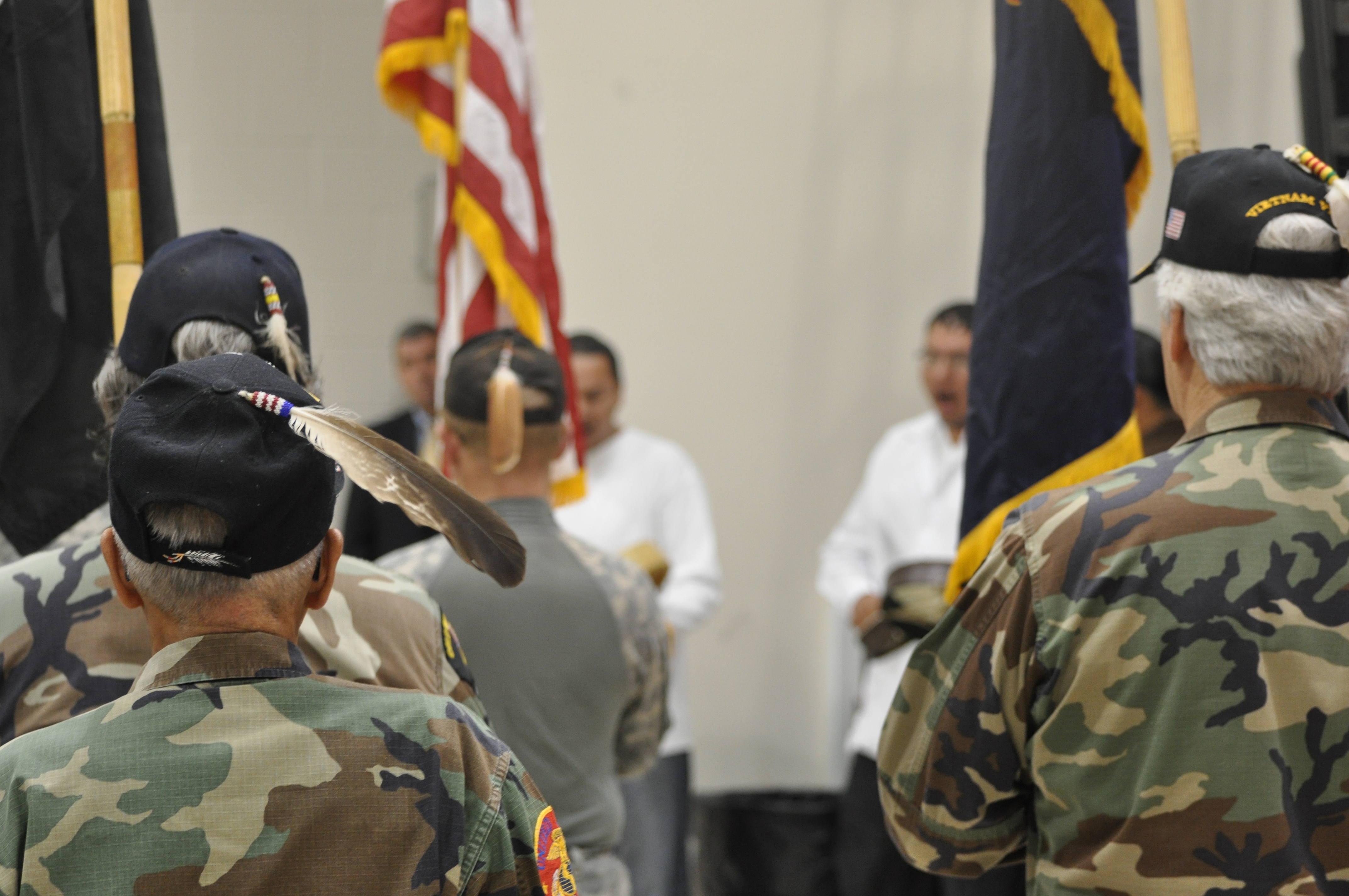 The United Tribes Technical College Honor Guard  opens the 2nd Annual U.S. Attorney's Tribal Consultation Conference.