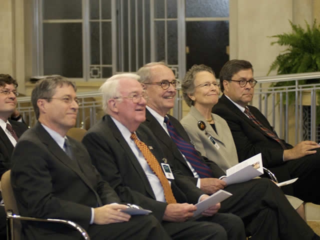 Deputy Attorney General Ogden, along with former Attorneys General Meese, Thornburg, and Barr, watch the unveiling.