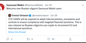 Image of a tweet from Samourai’s account “Welcome new Russian oligarch Samourai Wallet users”