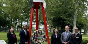 Photo from the federal Police Week wreath-laying ceremony held on May 14, 2024, in honor of fallen law enforcement officers. Pictured from left to right are Katie Bay, Acting Special Agent in Charge, HSI Philadelphia; Wayne Jacobs, Special Agent in Charge, FBI Philadelphia; Jacqueline Romero, U.S. Attorney for the Eastern District of Pennsylvania; U.S. Marshal Eric Gartner, U.S Marshals Service Philadelphia; and Warden Rafael Ramos, Federal Detention Center Philadelphia.