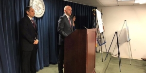 U.S. Attorney Lelling delivers remarks at a press conference announcing arrests made in Nationwide College Admissions Scam