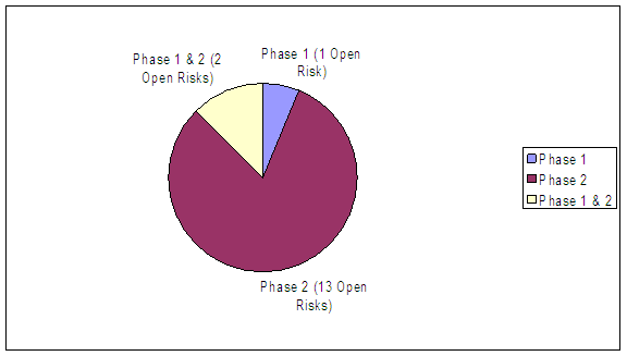 Phase 1 (1 open risk), Phase 2 (13 open risks), Phase 1 and 2 (2 open risks).