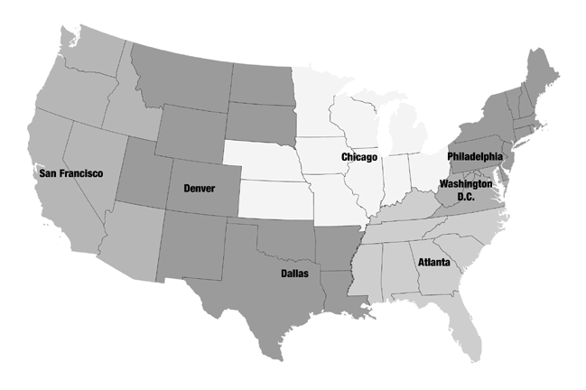 map of United States showing field offices geographic coverage: San Francisco, Denver, Dallas, Chicago, Atlanta, Washington D.C., Philadelphia