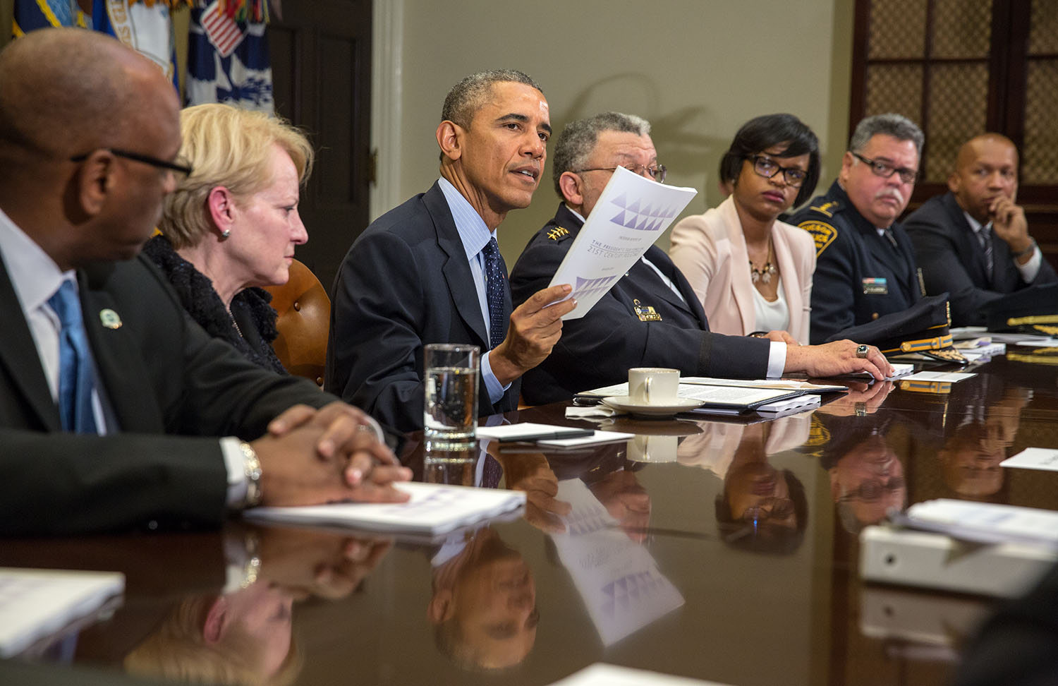 President Barack Obama speaks to the press after a meeting with members of the President's Task Force on 21st Century Policing, 