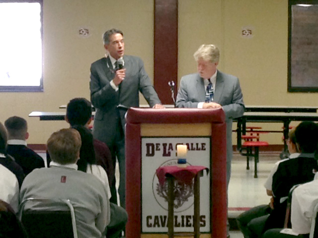 Assistant U.S. Attorneys Michael Simpson and Mark Miller speaking at De La Salle High School