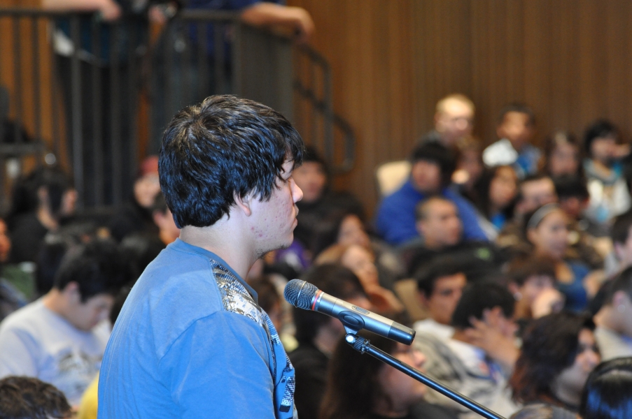 Standing Rock High School Students listen as classmate Jeremy Silva asks questions of Deputy Attorney General Cole during the tribal youth event on Wednesday. Standing Rock High School Students listen as classmate Jeremy Silva asks questions of Deputy Attorney General Cole..