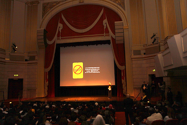 U.S. Attorney Haag addresses a packed house at Herbst Theater