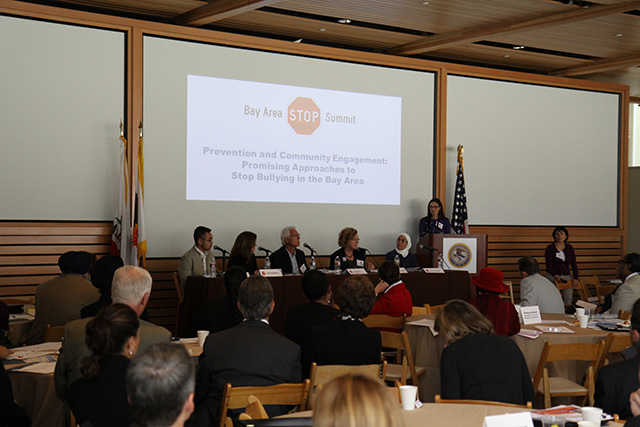 Panel: Prevention and Community Engagement: Promising Approaches to Stop Bullying in the Bay Area Rebecca Randall of Common Sense Media moderates panel discussion with Ameena Jandali, editor and trainer for the Islamic Network Group, Dr. Becki Cohn-Vargas of Not in our School, Rick Phillips, MS Ed., Executive Director and founder of Community Matters (CM), Staci Slaughter, Senior Vice-President for Communications, San Francisco Giants, and Michael Nguyen, Program Coordinator, Asian and Pacific Islander Wellness Center
