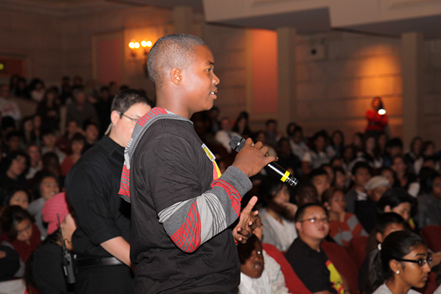 High school student Delvon Carter asking a question of the panel