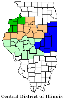 Map of Central District of Illinois by District. The counties included in the Springfield District are: Adams, Brown, Cass, Christian, DeWitt, Greene, Logan, Macoupin, Mason, Menard, Montomery, Morgan, Pike, Sangamon, Schuyler, Scott, and Shelby. The counties in the Peoria District are: Bureau, Fulton, Hancock, Knox, Livingston, Marshall, McDonough, McLean, Peoria, Putnam, Stark, Tazewell and Woodford. The counties in the Rock Island District are: Henderson, Henry, Mercer, Rock Island and Warren. The counties in the Urbana District are: Champaign, Coles, Douglas, Edgar, Ford, Iroquois, Kankakee, Macon, Moultrie, Piatt and Vermillion