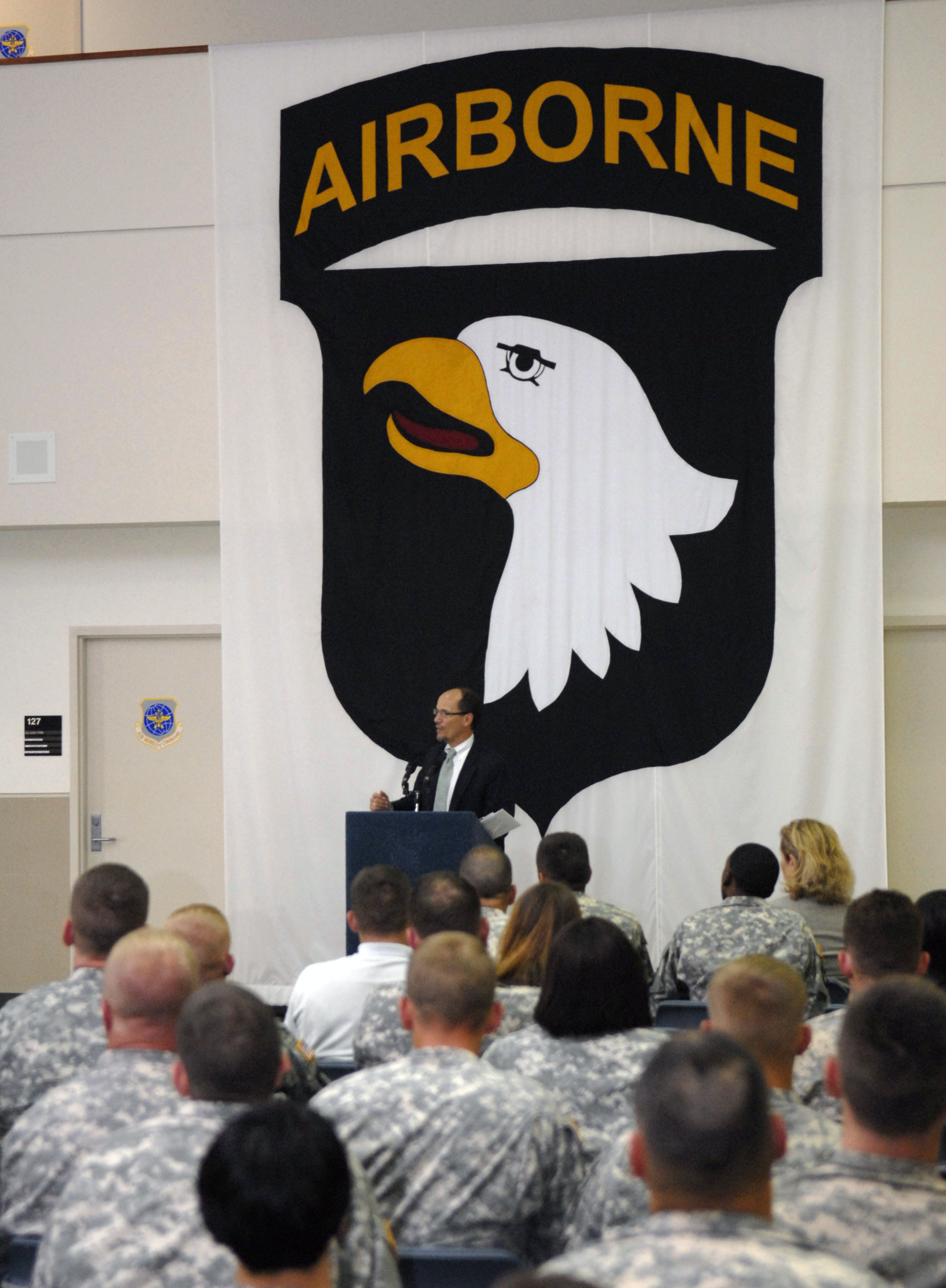 Thomas E. Perez, Assistant Attorney General for the Civil Rights Division of the United States Department of Justice speaks with Soldiers from the 101st Airborne Division at Fort Campbell during a special town hall meeting on May 17, 2012