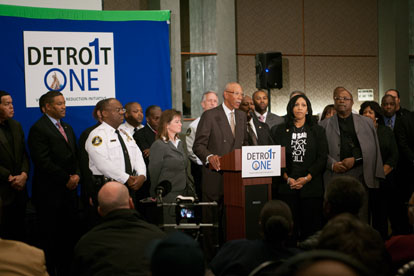 Mayor Dave Bing ,U.S. Attorney Barbara McQuade, law enforcement, and community activists unite in effort to reduce crime in the Detroit area with the launch of Detroit1 initiative.