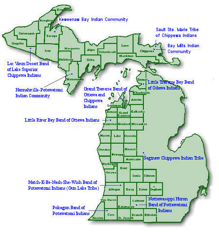 Map of Michigan with counties and tribes