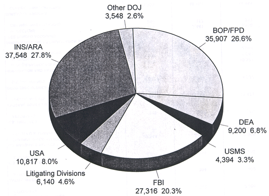 Pie chart of 2002 DOJ FTE by Agency