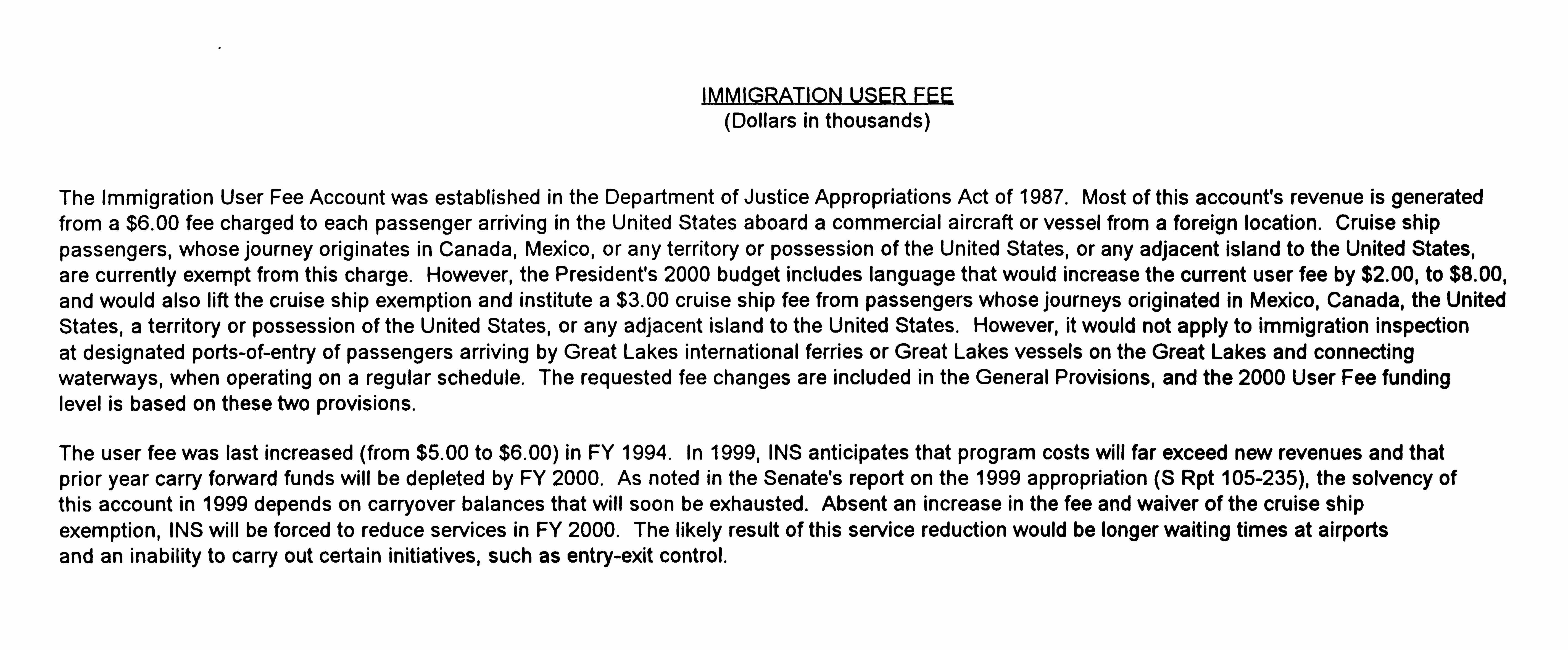 Immigration and Naturalization Service: Immigration User Fee