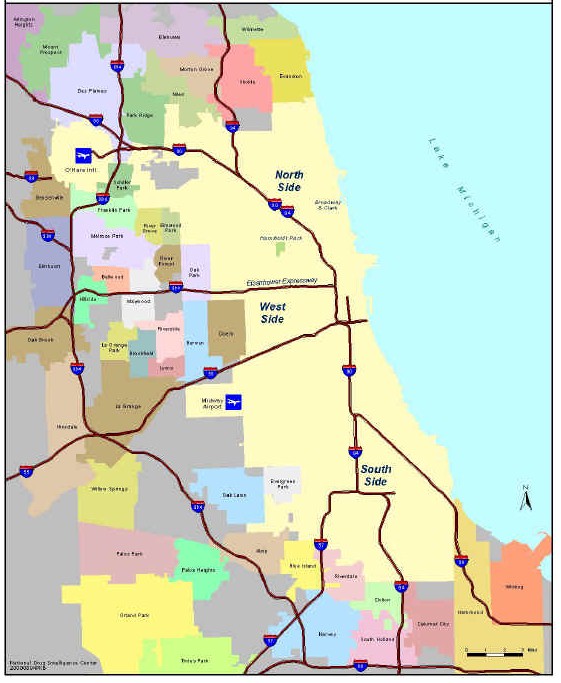 Map showing Chicago and the surrounding areas and the interstate highways and airports linking them.