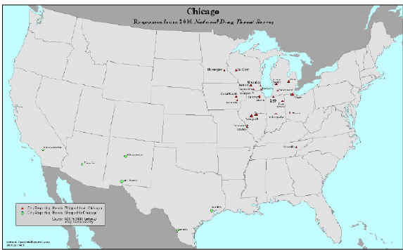 Map of the U.S. showing locations of cities responding to the 2000 National Drug Threat Survey that listed Chicago as either a destination or distribution center for heroin.
