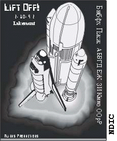 Une photo d'une affiche qui announce la partie rave compartant un décollage de la navette spatiale.