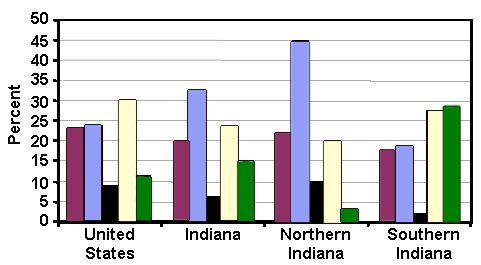 Chart showing Indiana federal drug sentences for FY1998 broken down by percentages for district and drug types.