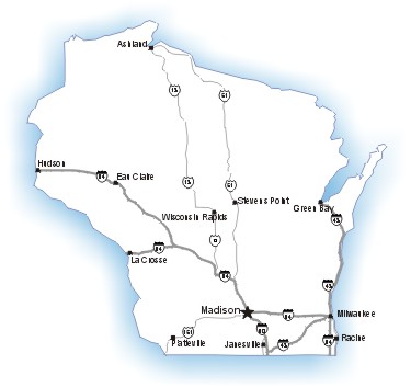 Map of Wisconsin showing major highways and the cities they pass through.