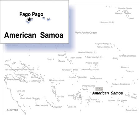 Map of the southern Pacific Ocean area detailing the location of American Samoa and the capital, Pago Pago.