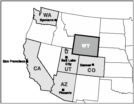 Map of the Western United States with the state of Wyoming highlighted and showing the methamphetamine distribution centers of Phoenix, Arizona; San Francisco, California; Denver Colorado; Salt Lake City, Utah; and Spokane, Washington.