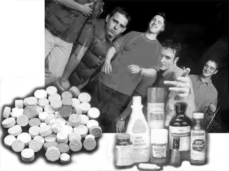 Photo collage of youths, pills, and items commonly used as inhalants.