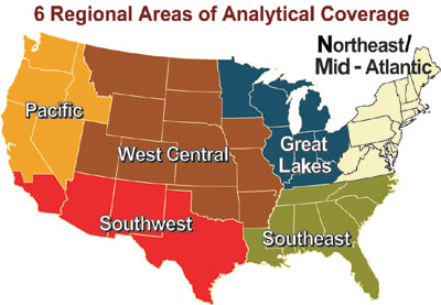 Map illustrating the 6 Regional Areas of Analytical Coverage: Pacific, West Central, Southwest, Southeast, Great Lakes, and Northeast/Mid-Atlantic.