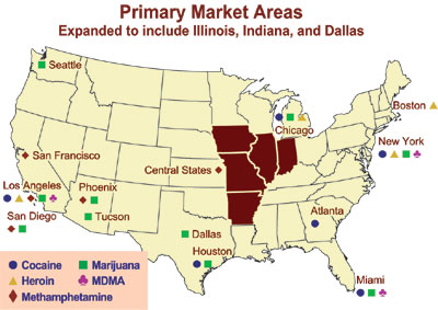 U.S. map showing the primary market areas including Illinois, Indiana, and Dallas.